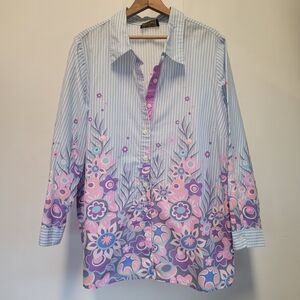 Bob Mackie Wearable Art Shirt 2X Floral Striped Long Sleeve Contrast Collar